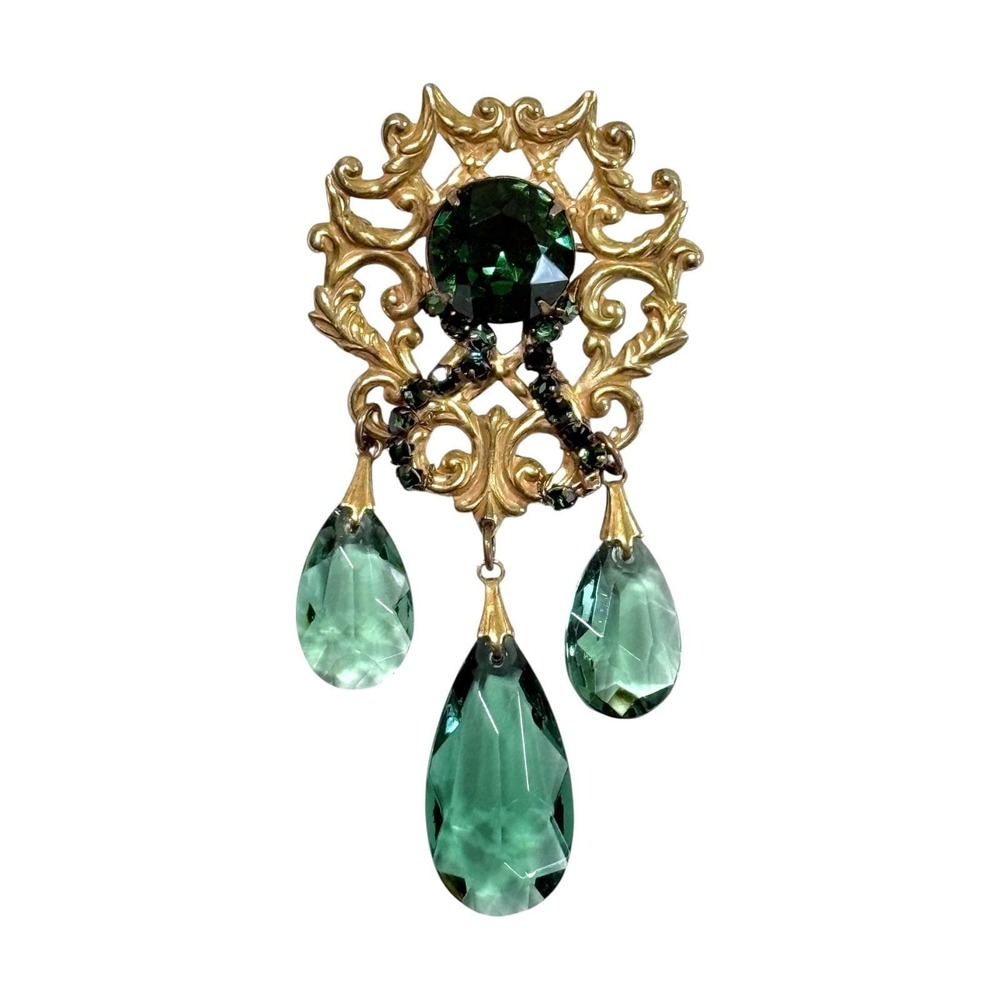 Victorian Revival Brooch Gold Tone Filigree Emerald Green Glass Stones Dangles